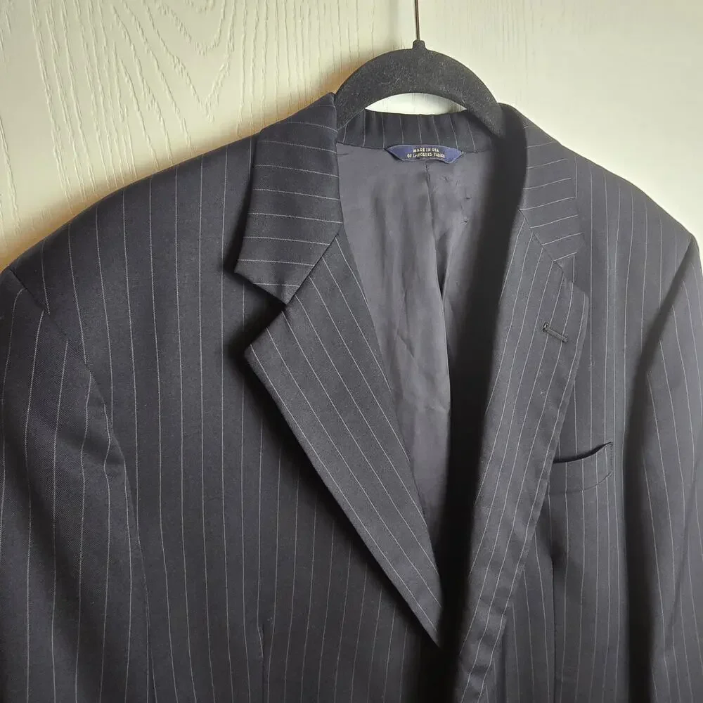 Brooks Brothers Madison Mens 45R Blazer Jacket Black 100% Wool Pinstripe Preppy